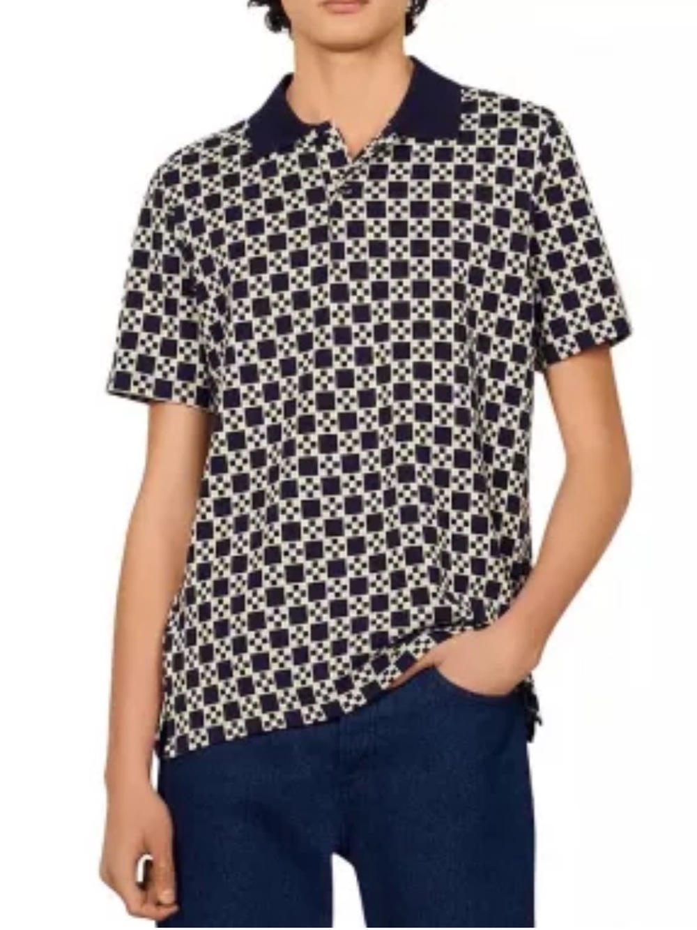 Sandro Paris Geometric Checkerboard Polo Shirt Navy White Short Sleeve Top Large